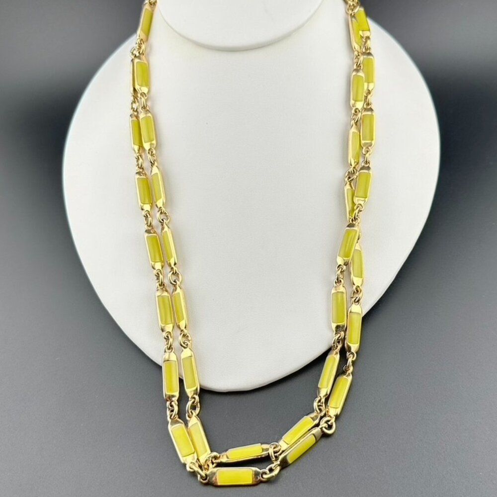 J. CREW GOLD TONE Link NECKLACE Green yellow Enamel Rectangular links Long